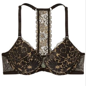 NWT VICTORIA'S SECRET Black/Gold Sexy T-Back Lace Push-Up Front-Close Bra 36DD